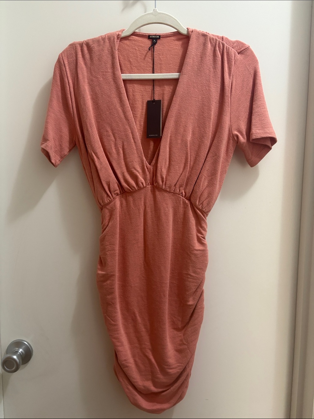 Monrow Rust Pink V-Neck Short Sleeve Mini Dress